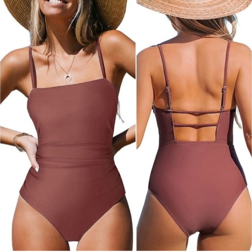Cupshe Sandy Daze Shirred Ruched One Piece Swimsuit Brick Red NWT S